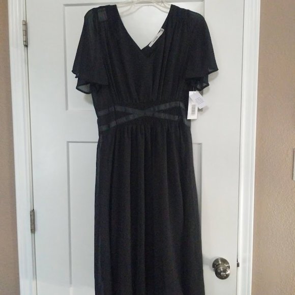 [M] Black Sheer Lined V-Neck Flutter Sleeve Midi Dress - Picture 1 of 6